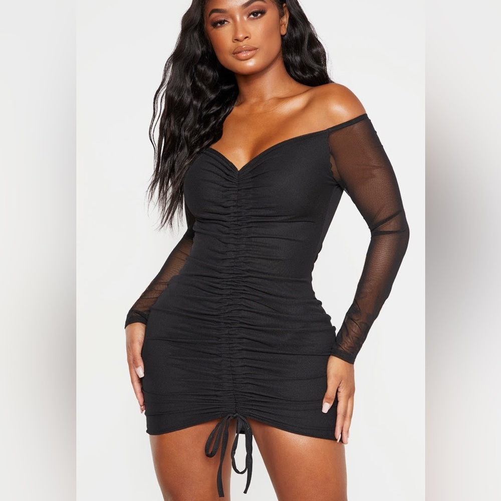 NWT Shape Black Mesh Ruched Detail Bardot Bodycon Dress size US women’s 12.